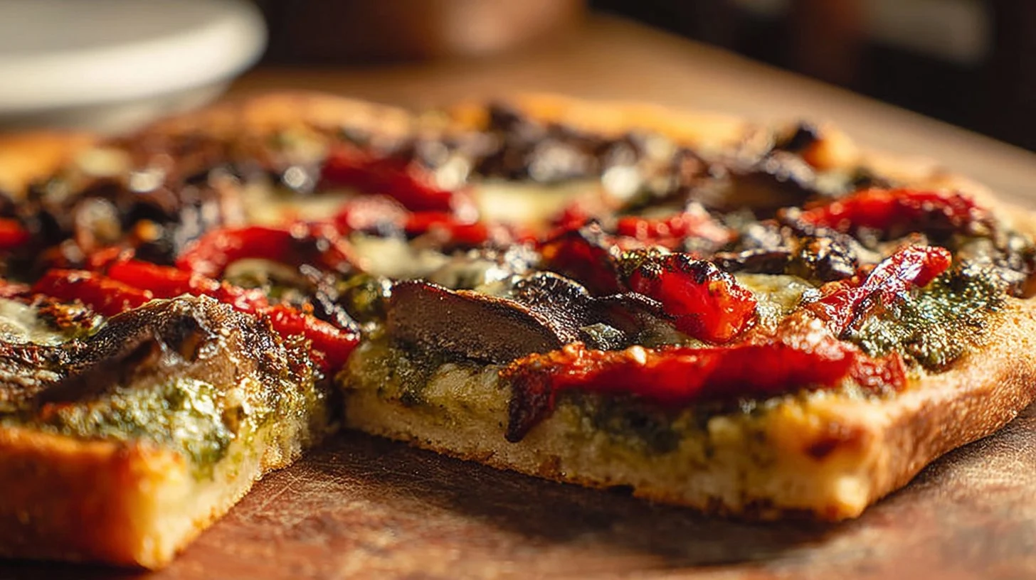 Portobello Red Pepper and Pesto Pizza