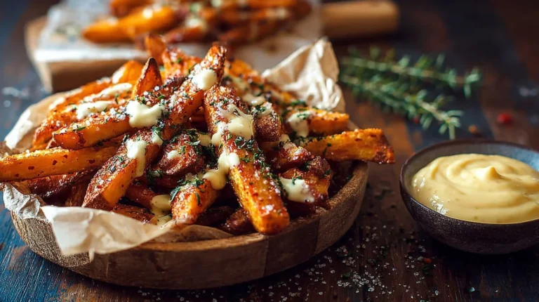 Baked Spicy Fries With Garlic Cheese Sauce