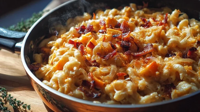 Butternut Squash Mac N’ Cheese With Bacon, Caramelized Onions, And Apples