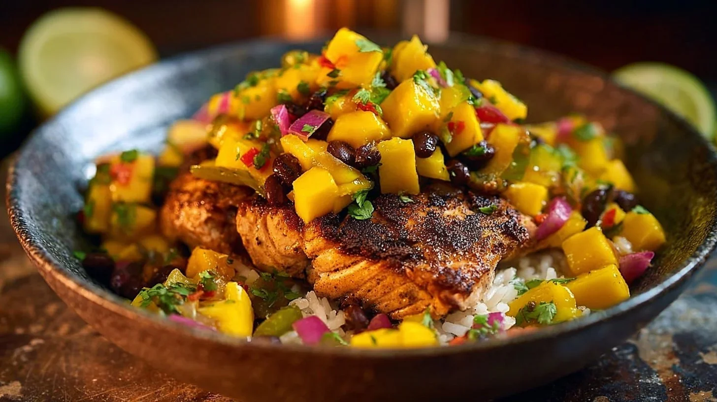 Caribbean Jerk Salmon Bowl with Mango Salsa