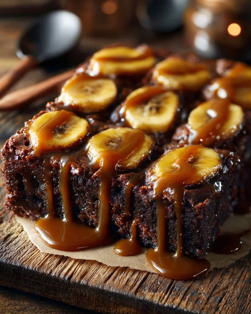 Chocolate Peanut Butter Banana Upside Down Cake