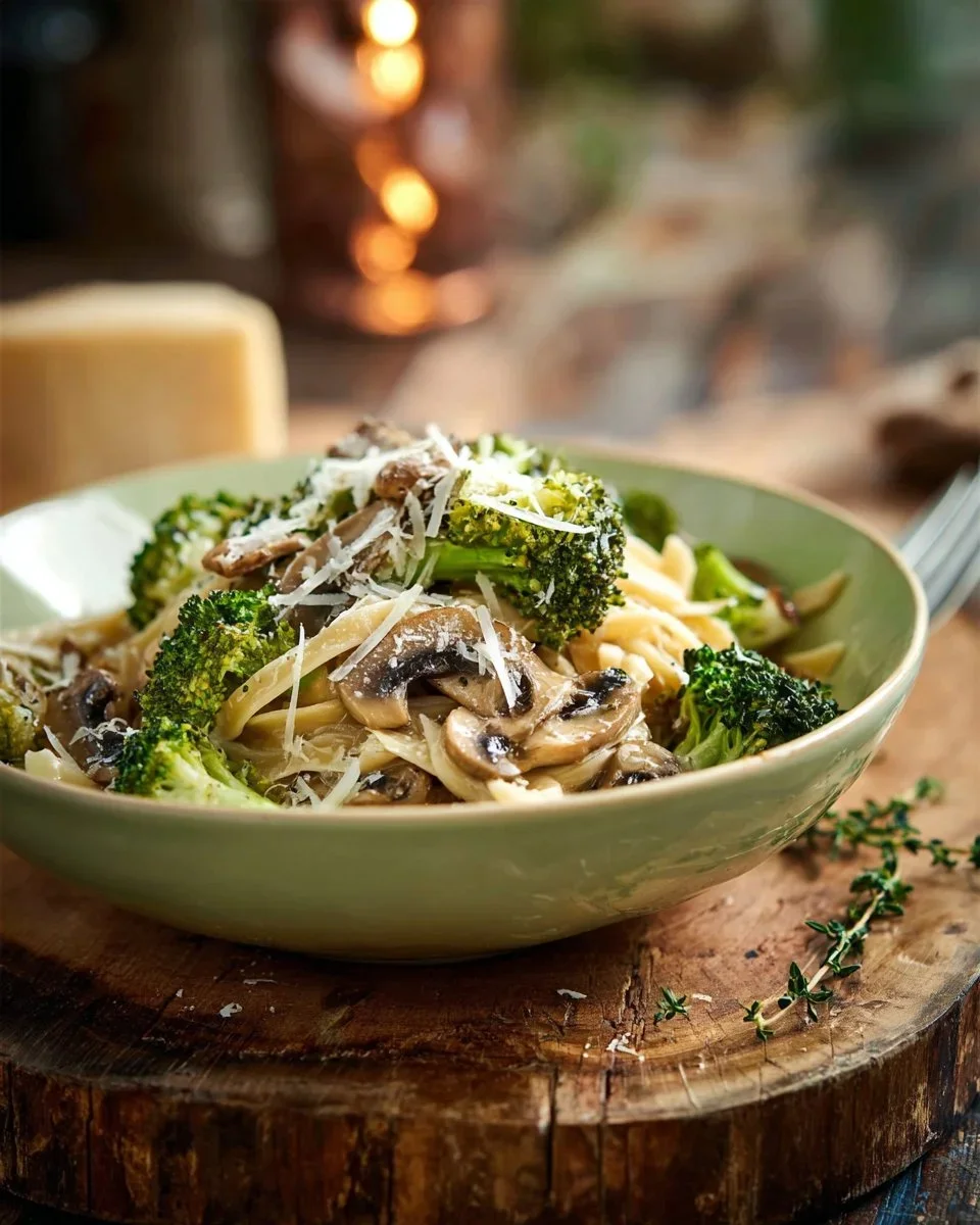 Rustic Garlic Butter Pasta With Roasted Broccoli And Sautéed Mushrooms