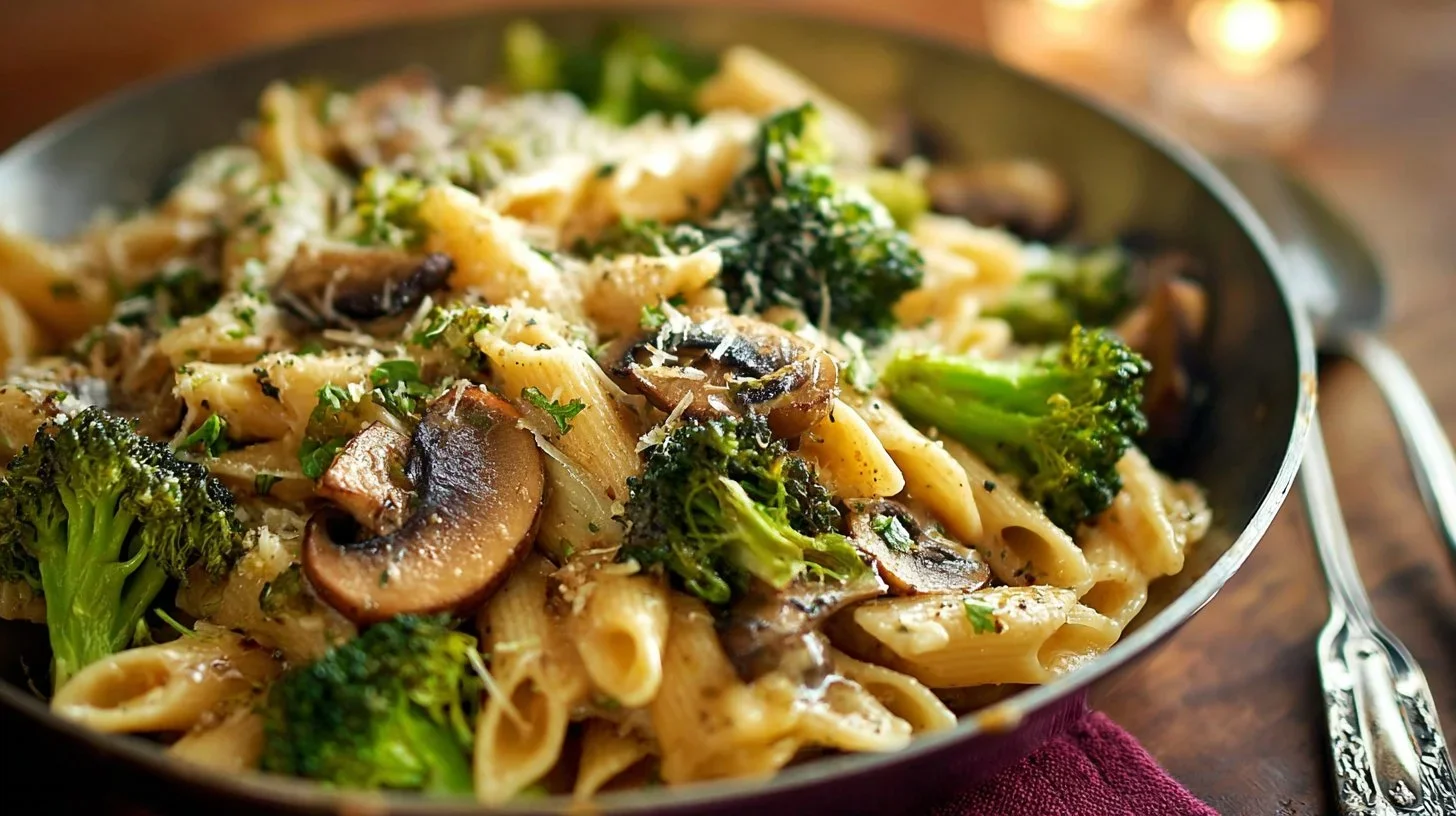 Rustic Garlic Butter Pasta With Roasted Broccoli And Sautéed Mushrooms