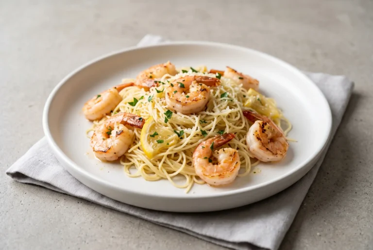 Shrimp scampi with garlic lemon capellini, shrimp, parsley, and Parmesan on a white plate