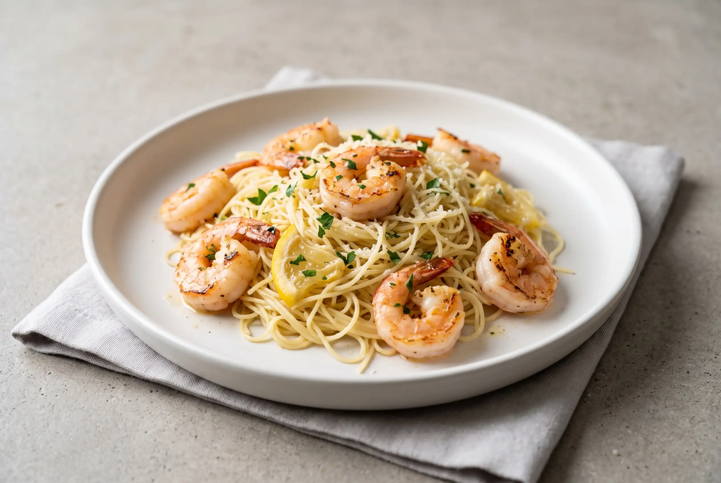 Shrimp scampi with garlic lemon capellini, shrimp, parsley, and Parmesan on a white plate