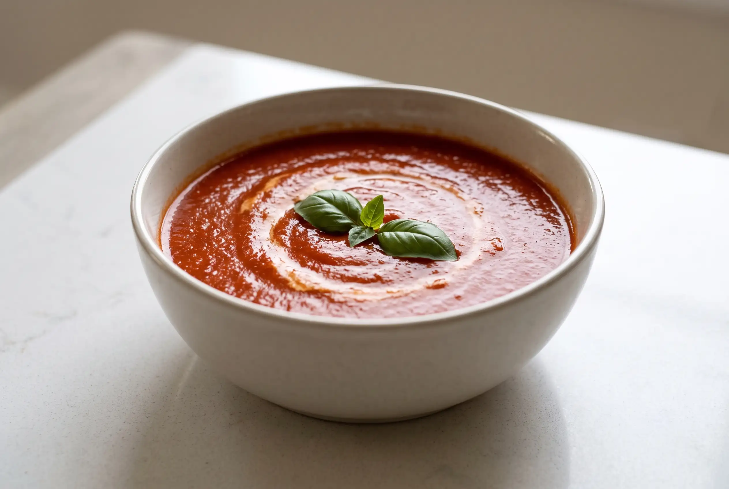 Bowl of smooth tomato soup with a rich red color and fresh herbs