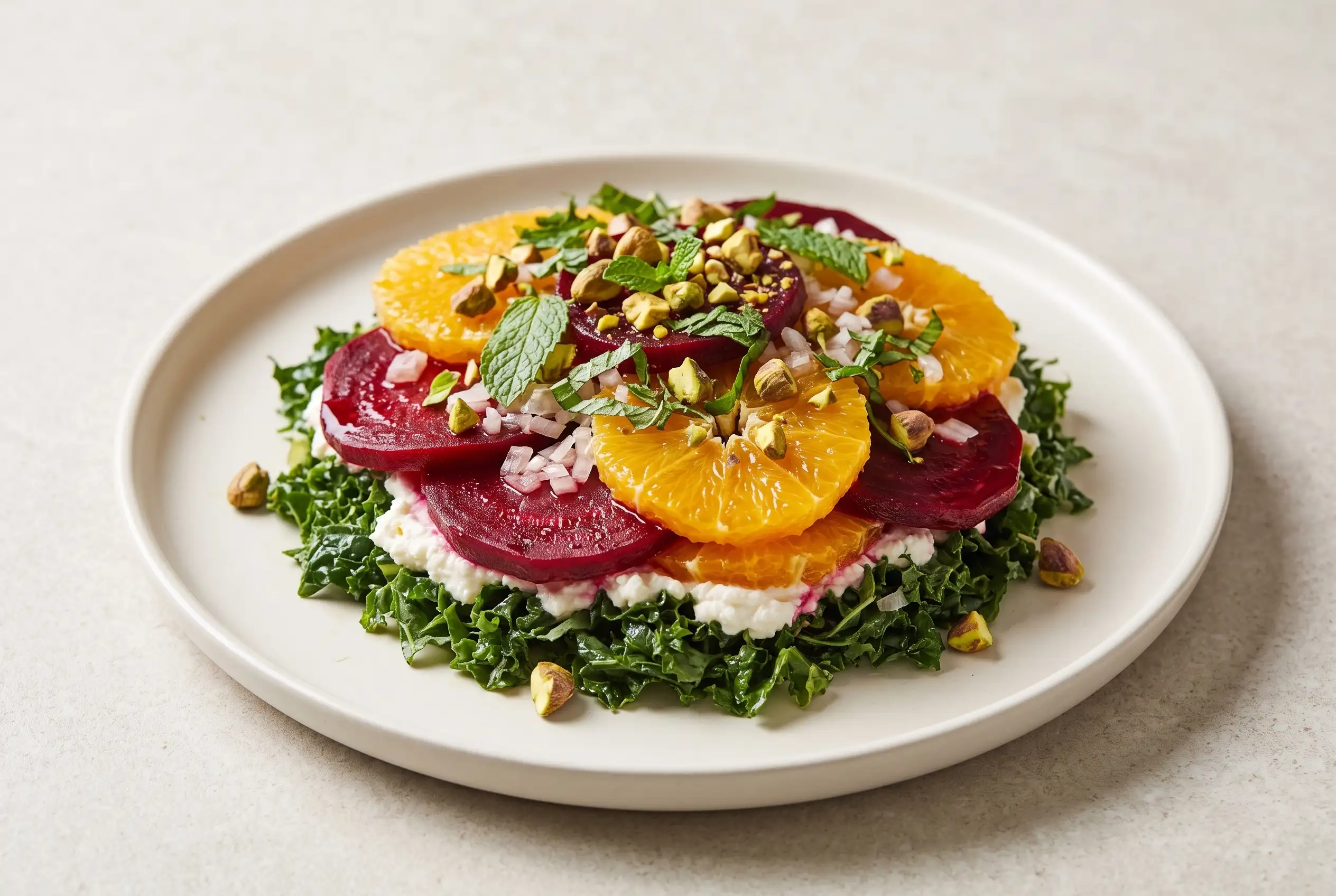 7 layer beet salad with oranges, ricotta, kale, pistachios, and mint on a serving platter
