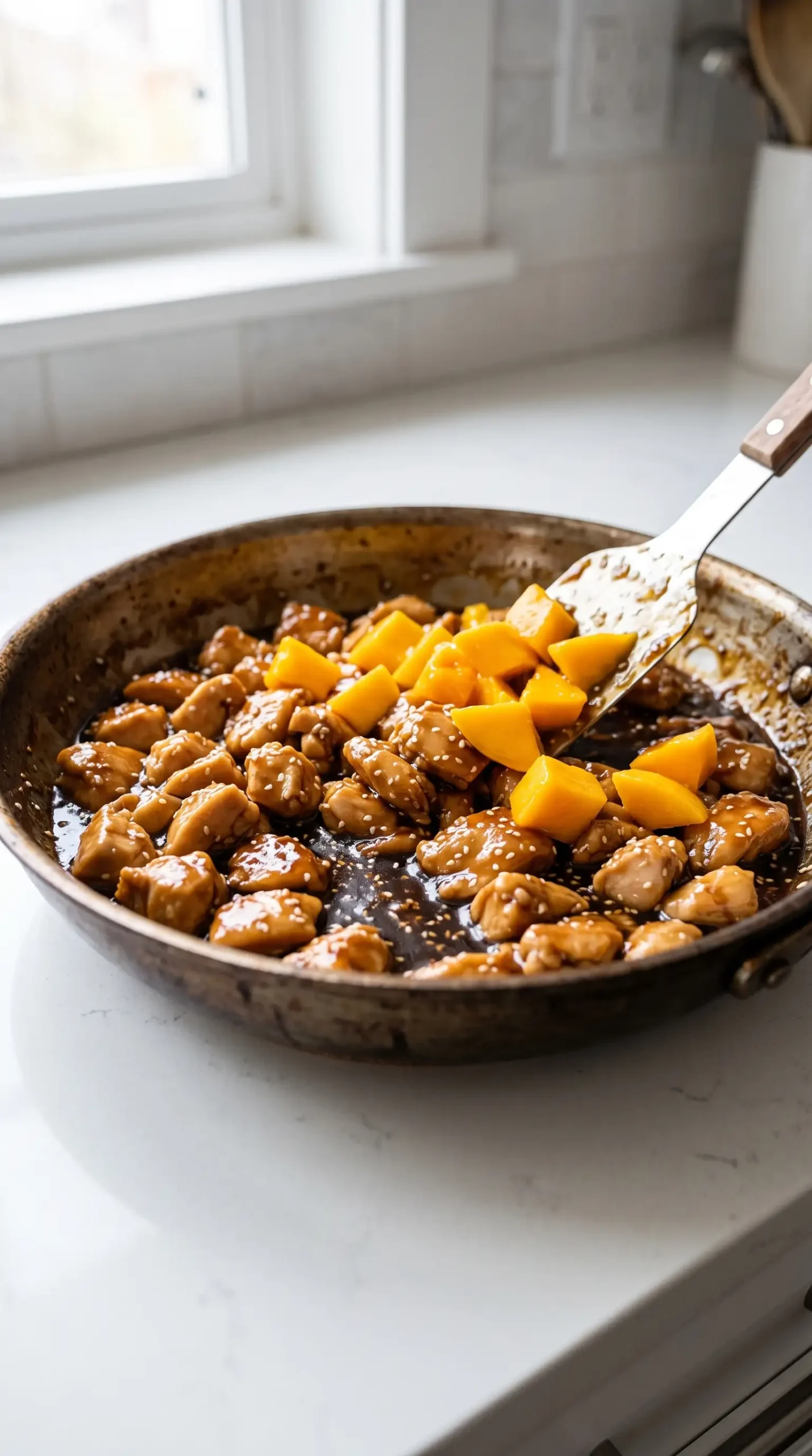 Mango chunks added to chicken pieces simmering in teriyaki sauce in a skillet