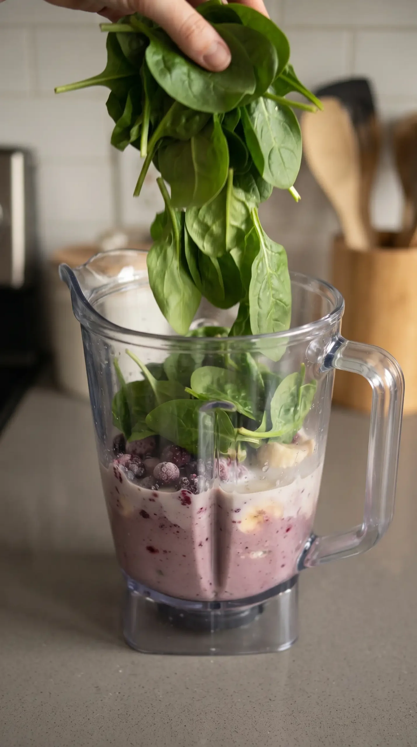 Spinach added to banana and milk mixture in blender for smoothie