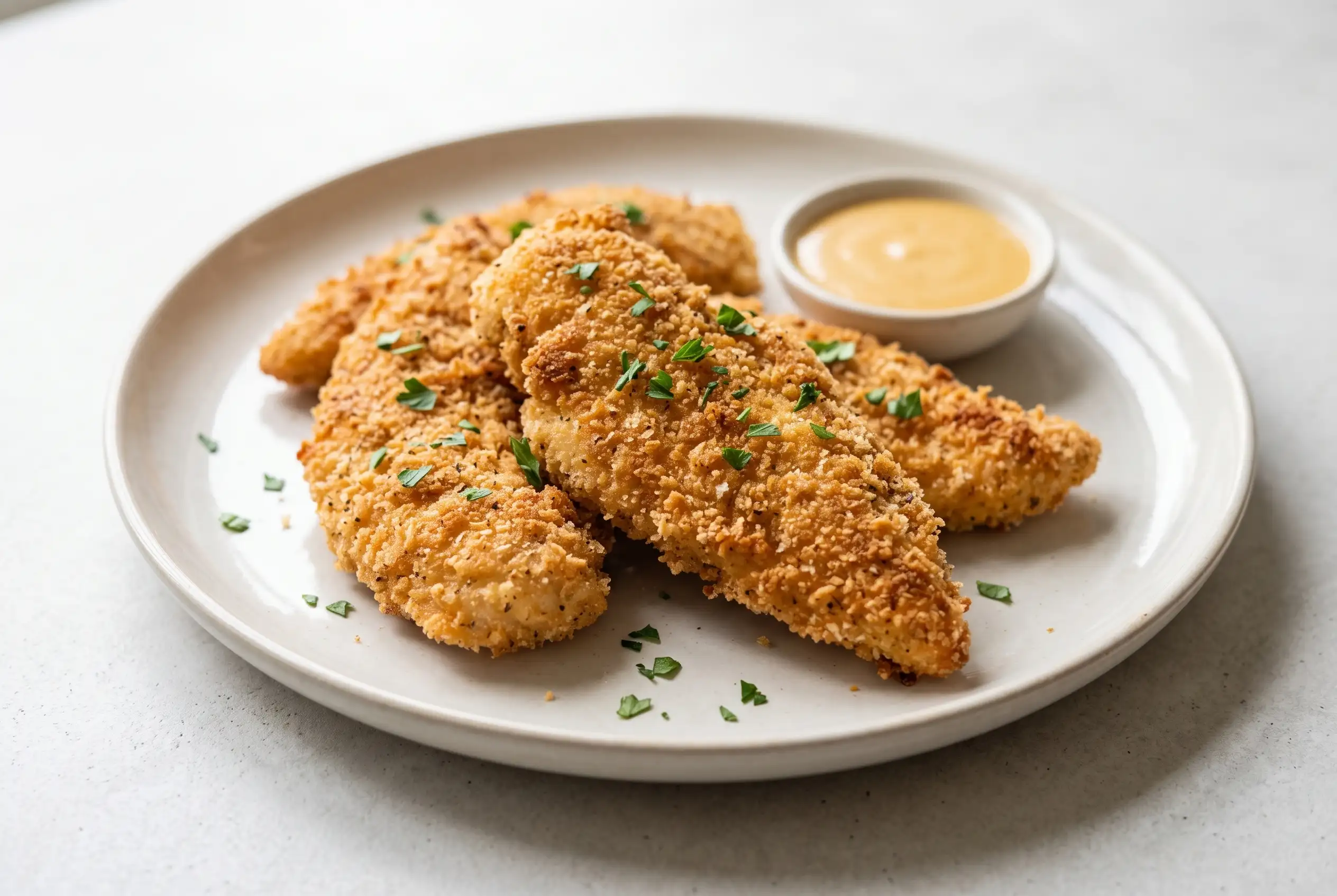 Air fryer chicken tenders with seasoned breadcrumbs served on a ceramic plate