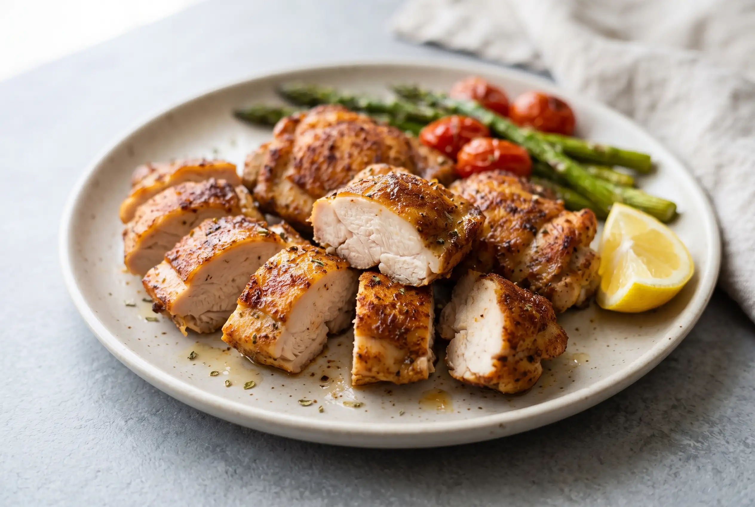 Air fryer chicken thighs with paprika and oregano seasoning plated with a golden crisp exterior