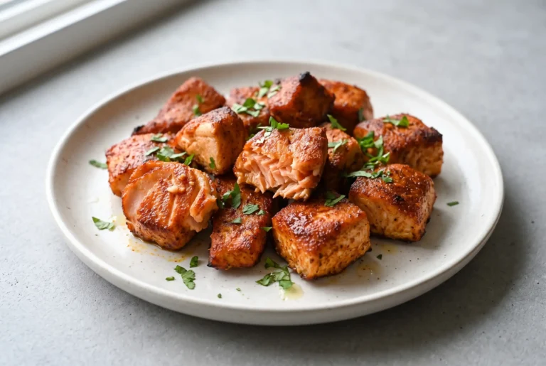 Air fryer salmon bites with smoky spice coating and golden-brown edges on a plate