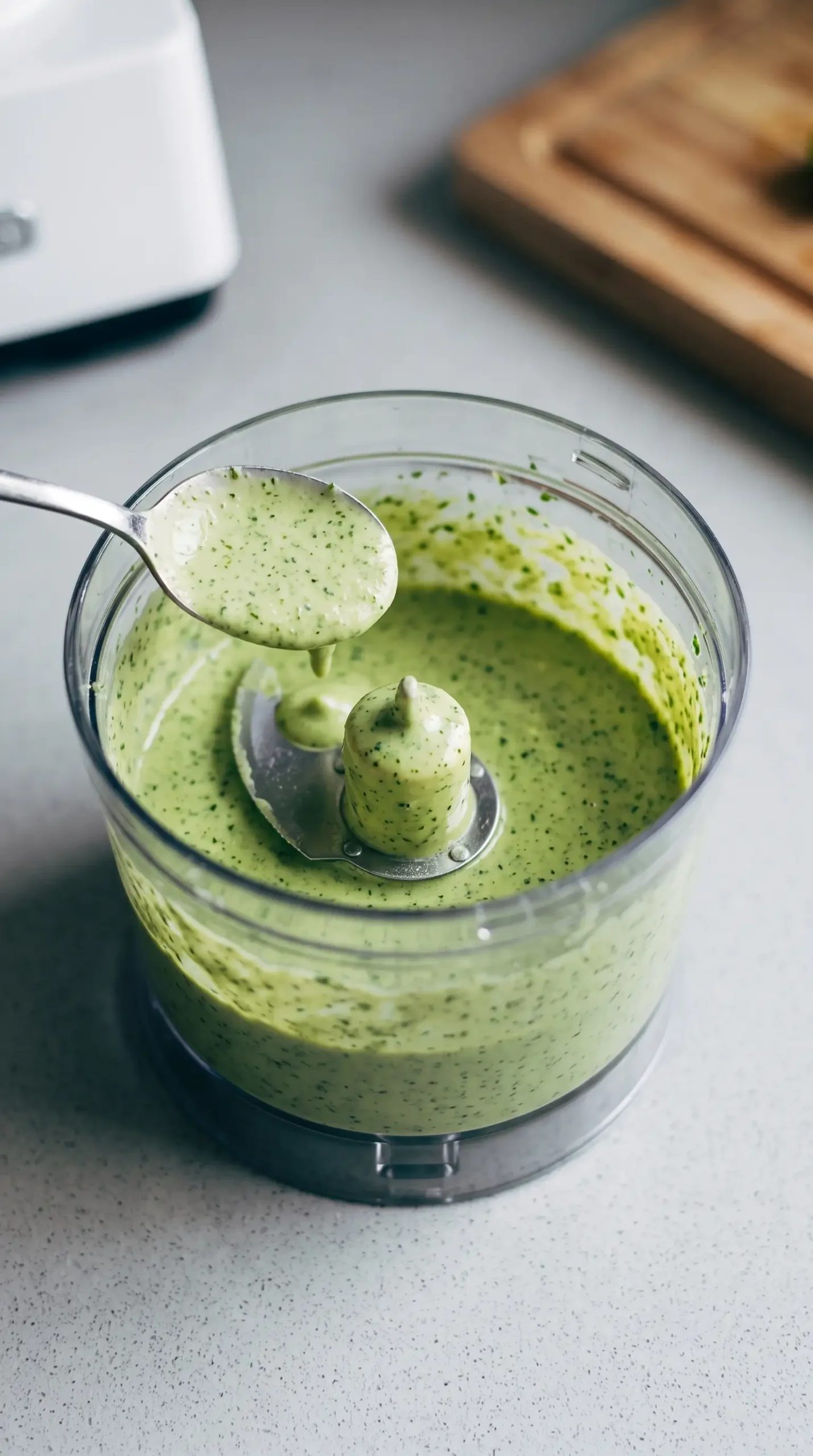 Aji verde sauce blending in a food processor to create a smooth texture