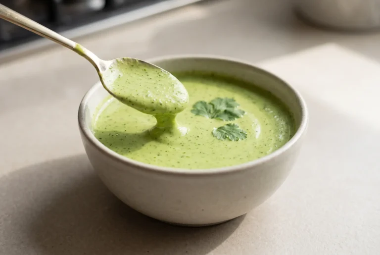 Bowl of creamy aji verde sauce with cilantro, jalapeño and lime