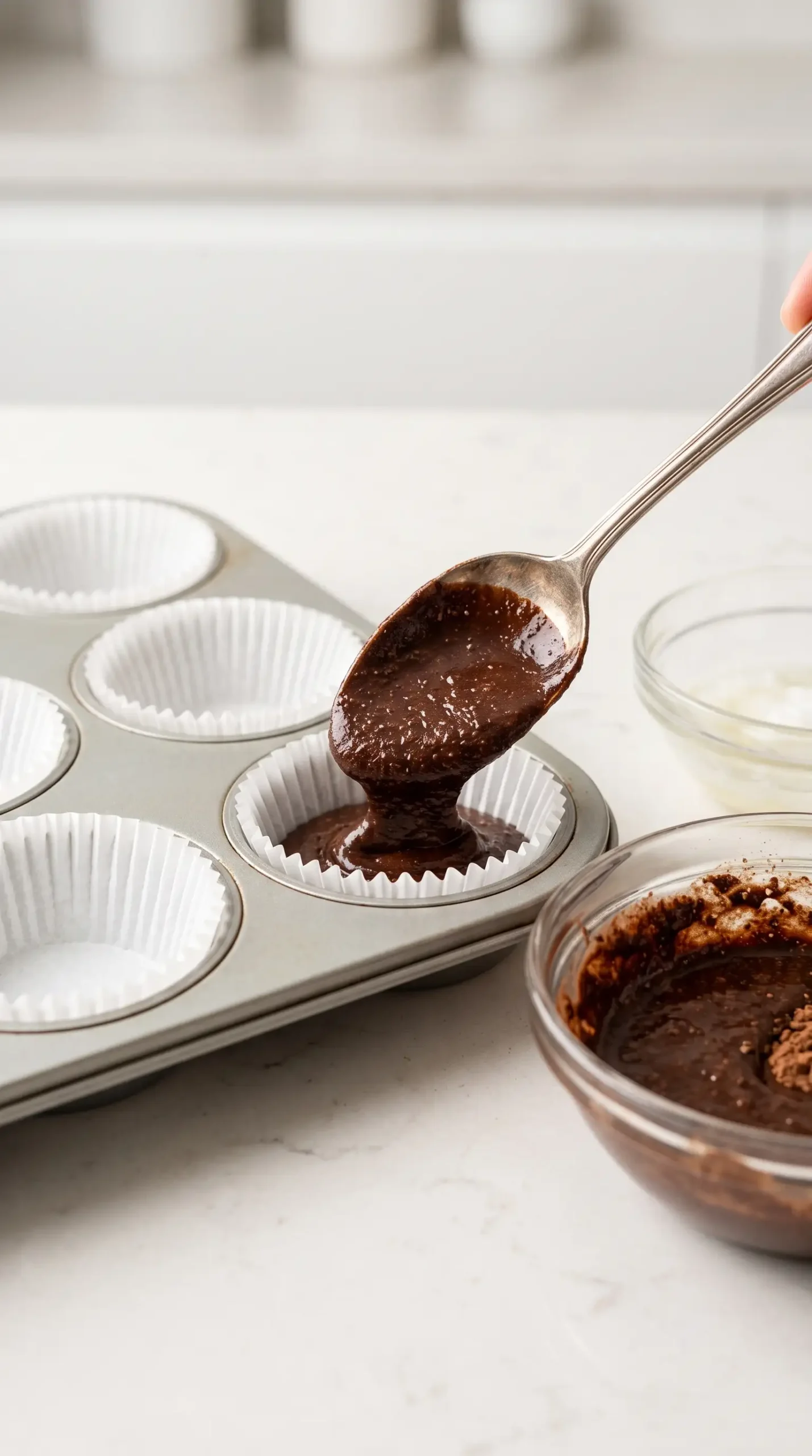 Chocolate mixture layered into paper liners for homemade almond butter cups