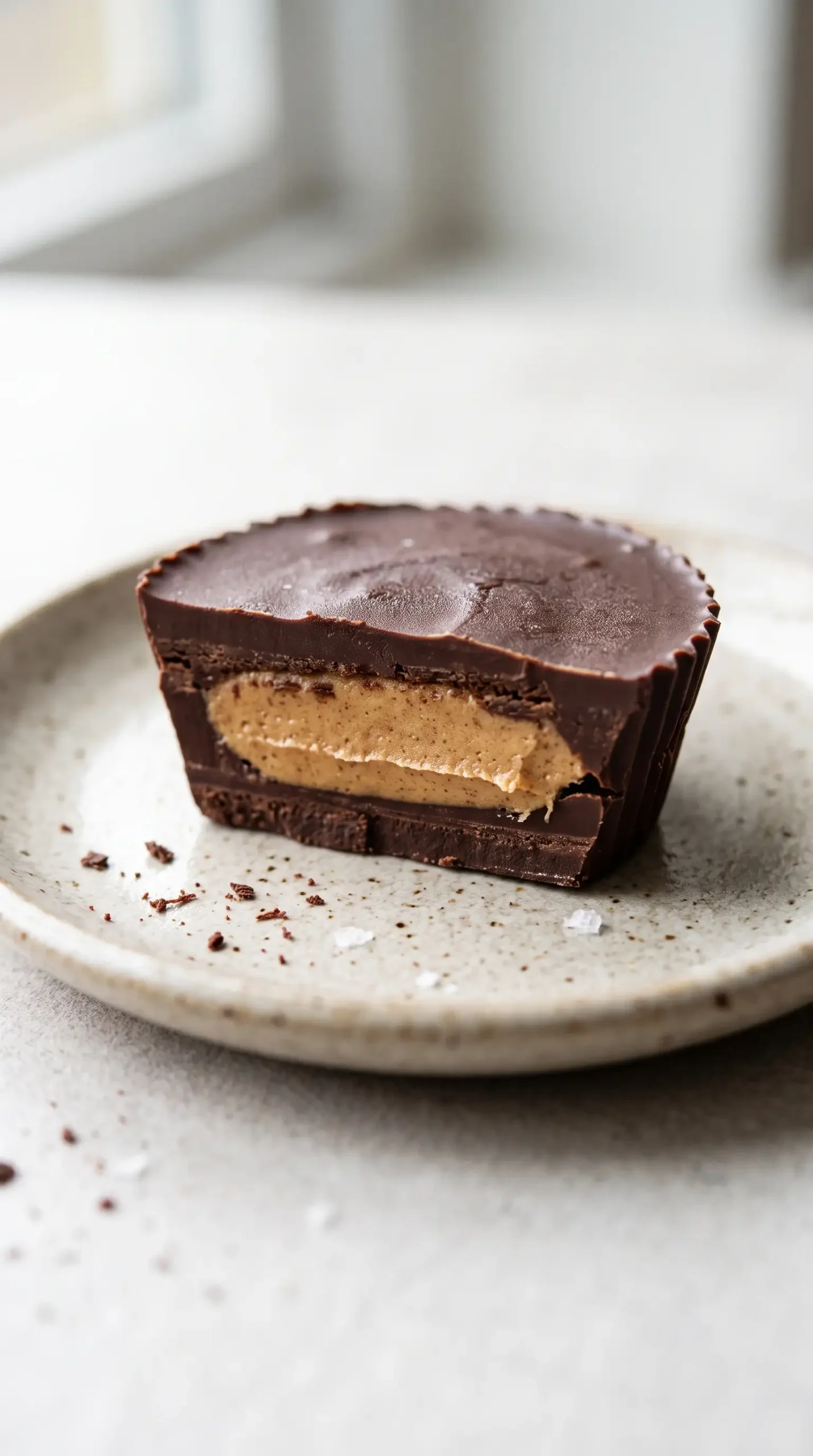 Cut almond butter cup showing dark chocolate shell and creamy nut butter center