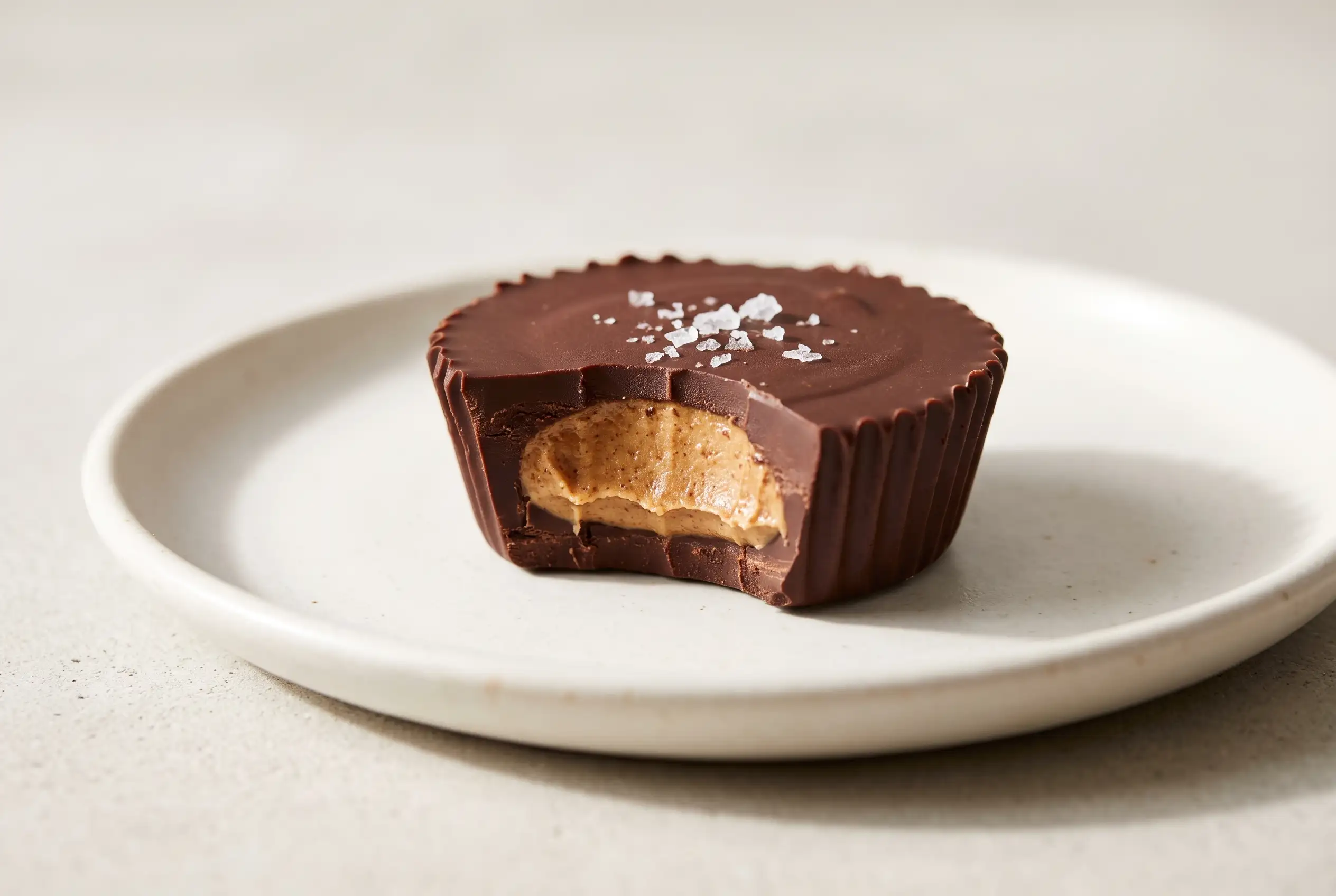 Almond butter cup with dark chocolate shell, creamy filling, and sea salt flakes