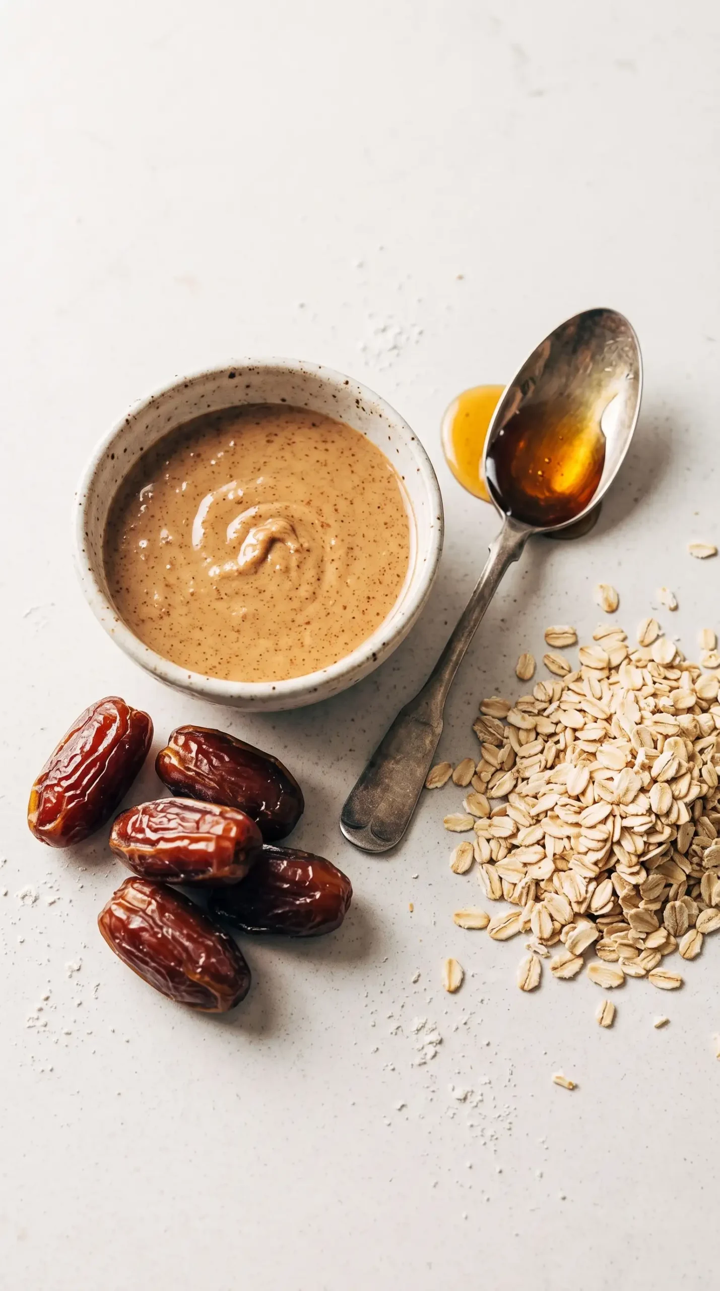 Almond butter, Medjool dates, rolled oats, and maple syrup prepared for zucchini bars