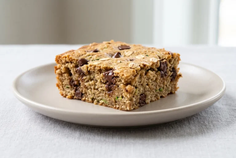 Almond butter zucchini bar with chocolate chips, oats, and a soft baked interior