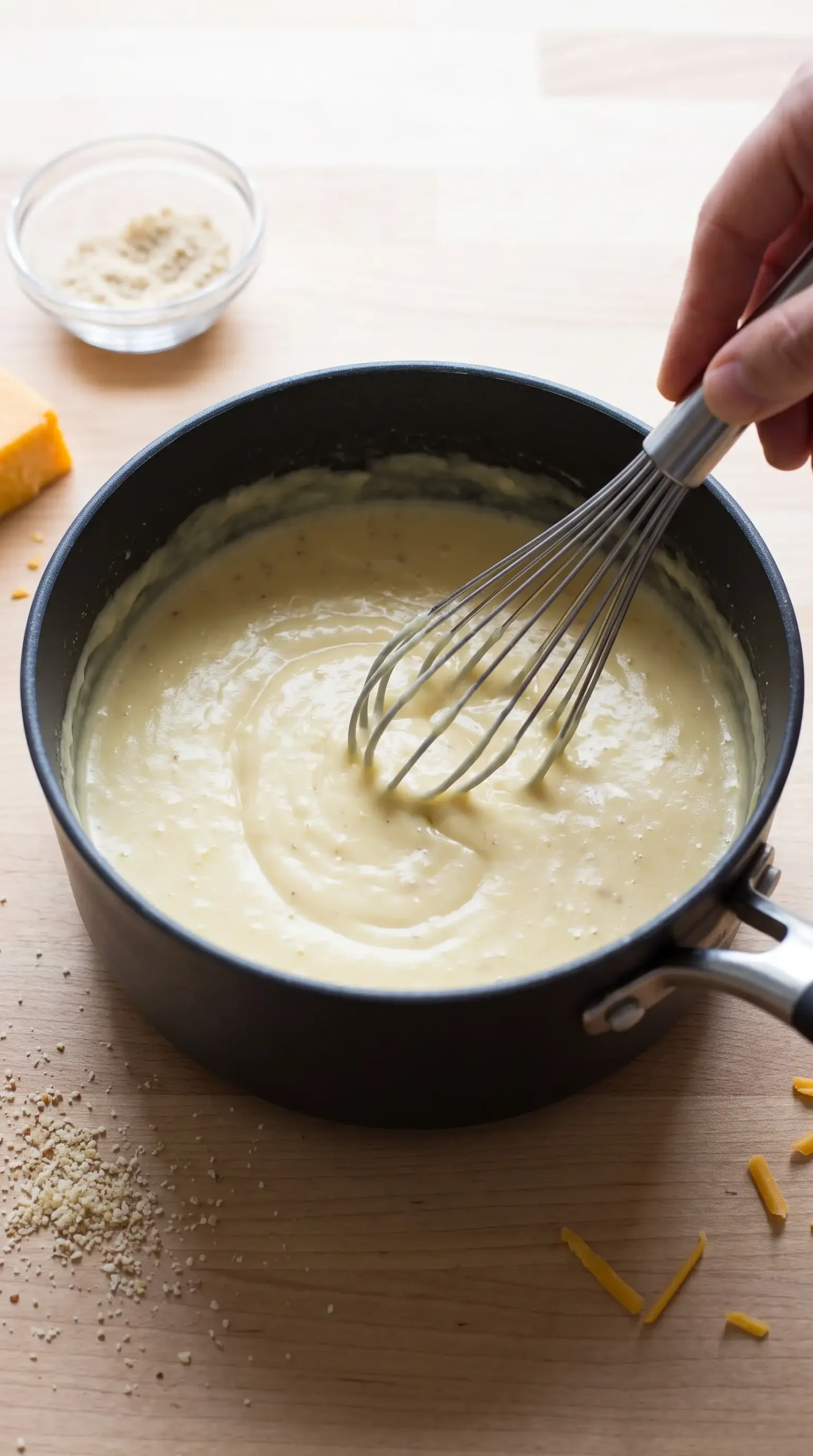 Creamy almond meal sauce with cheddar being whisked for broccoli cheese rice