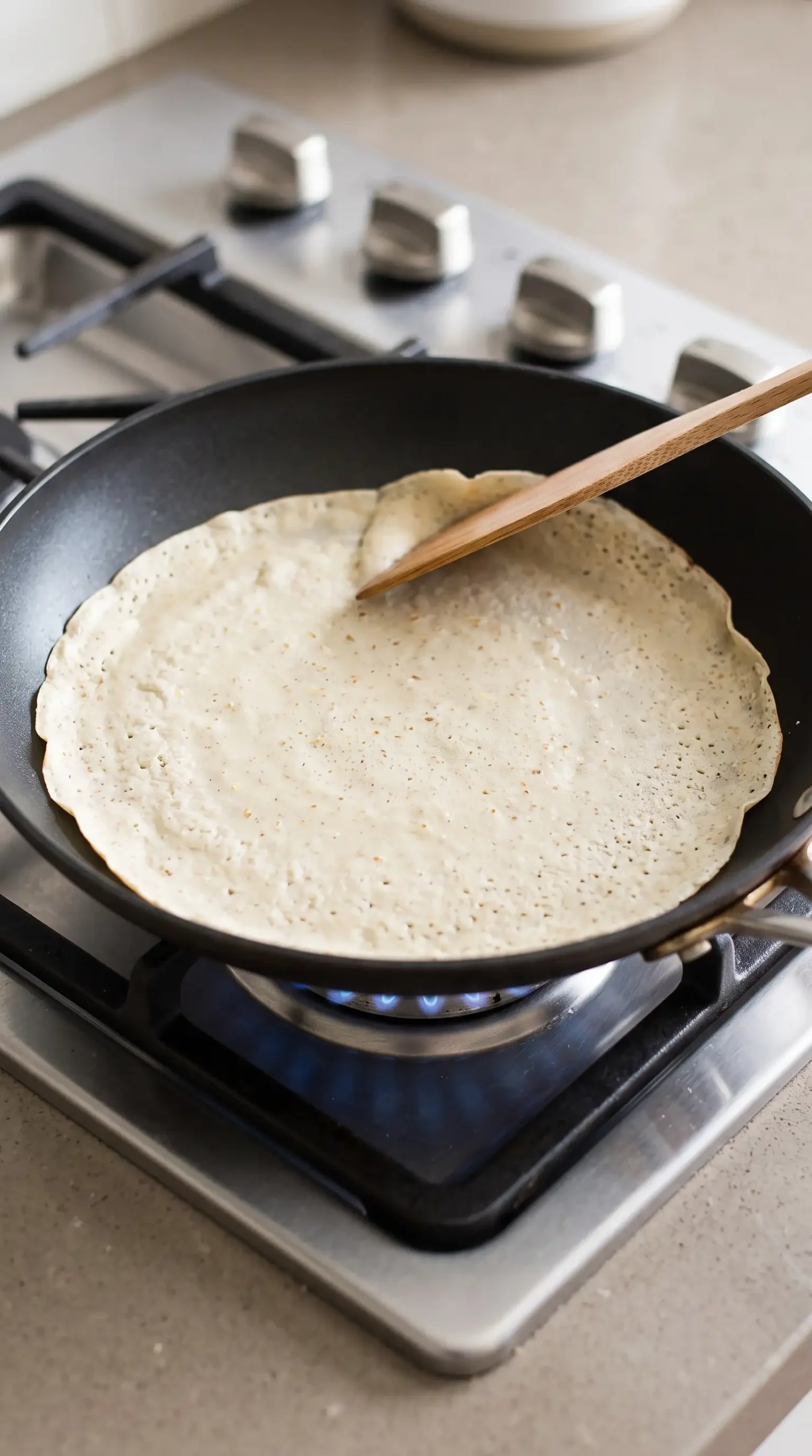 Thin almond oat crepe batter cooking in a nonstick skillet