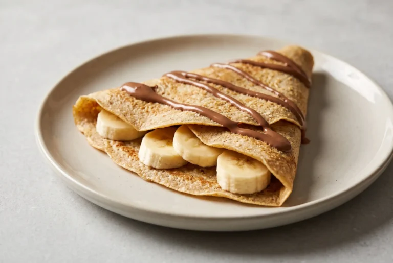 Almond oat crepe folded with banana slices and melted chocolate on a ceramic plate