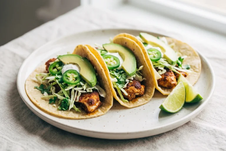 Ancho chicken tacos with cabbage, cilantro, avocado, jalapeño, sour cream, and lime wedges on a plate