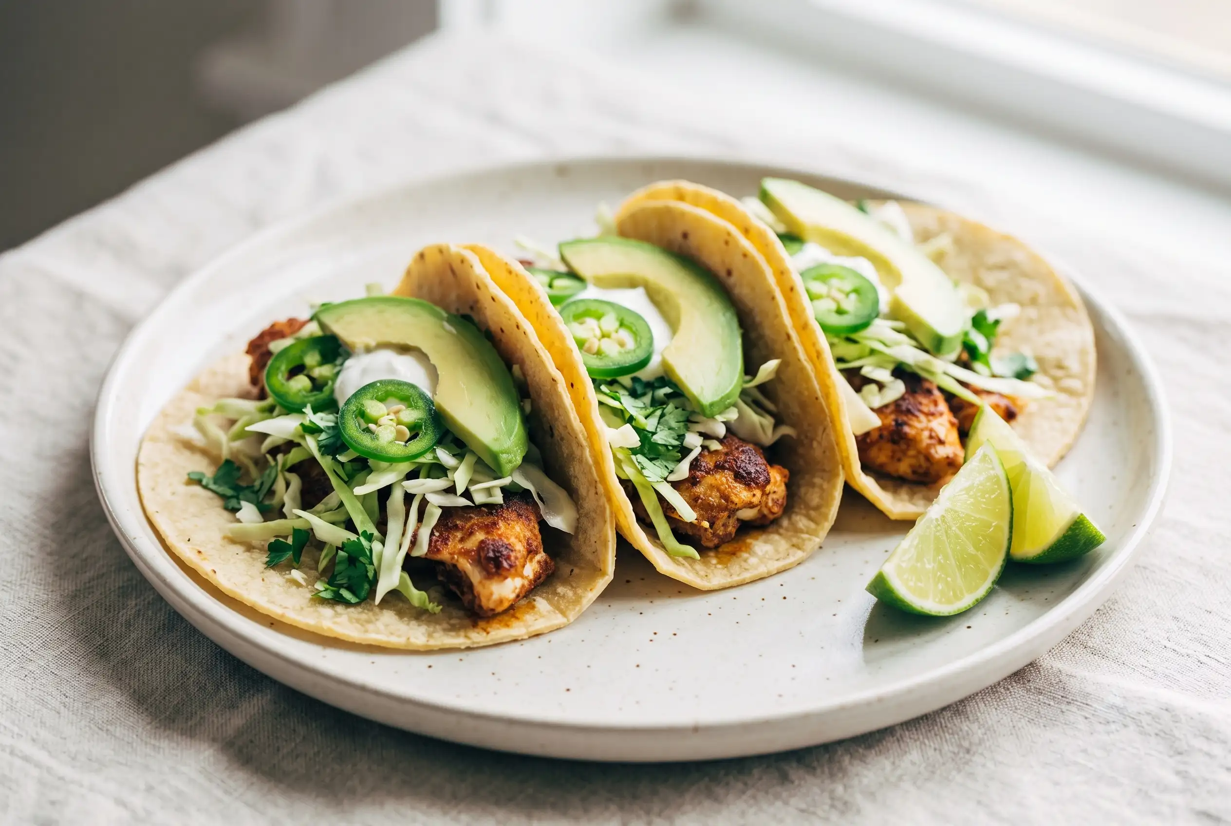 Ancho chicken tacos with cabbage, cilantro, avocado, jalapeƱo, sour cream, and lime wedges on a plate