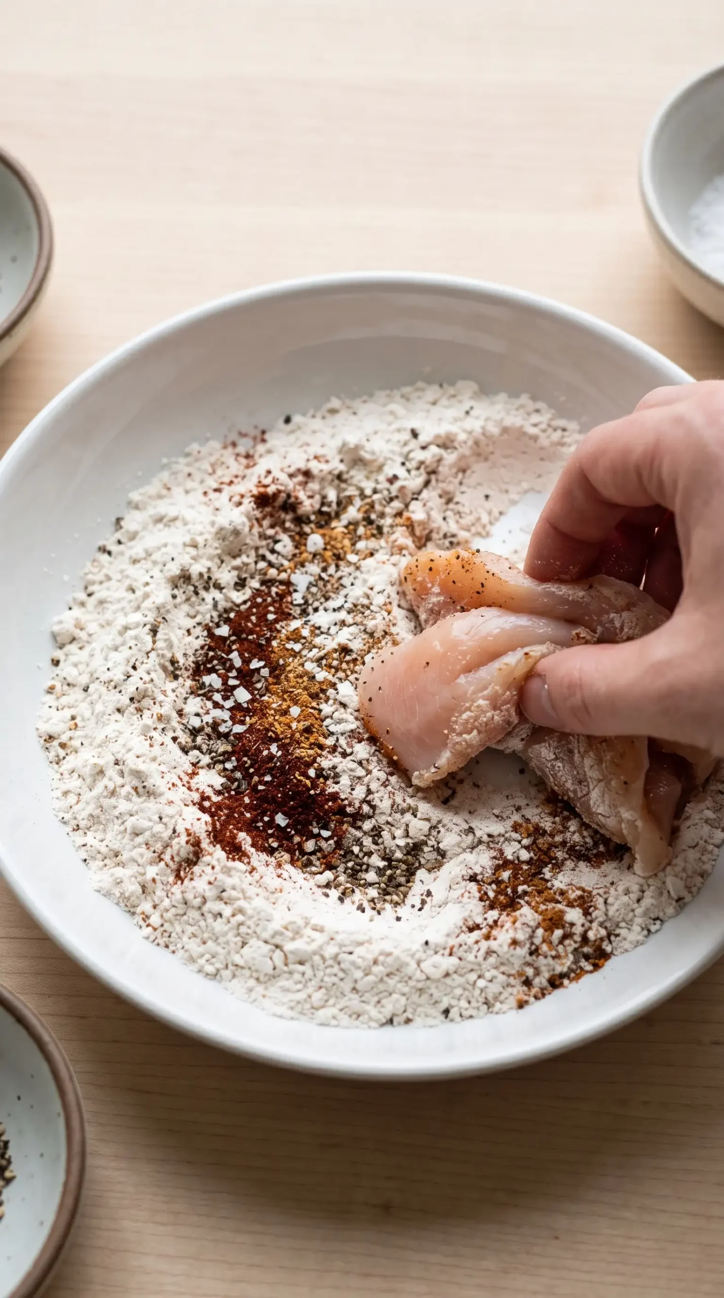 Chicken pieces coated in ancho chili seasoned flour mixture for tacos