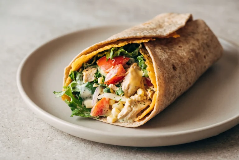 Chicken wraps with grilled chicken, cheddar cheese crisp, corn, lettuce, tomatoes, and creamy sauce