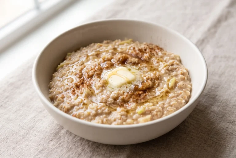 Apple bran oatmeal with grated apple, cinnamon, and brown sugar in a ceramic breakfast bowl