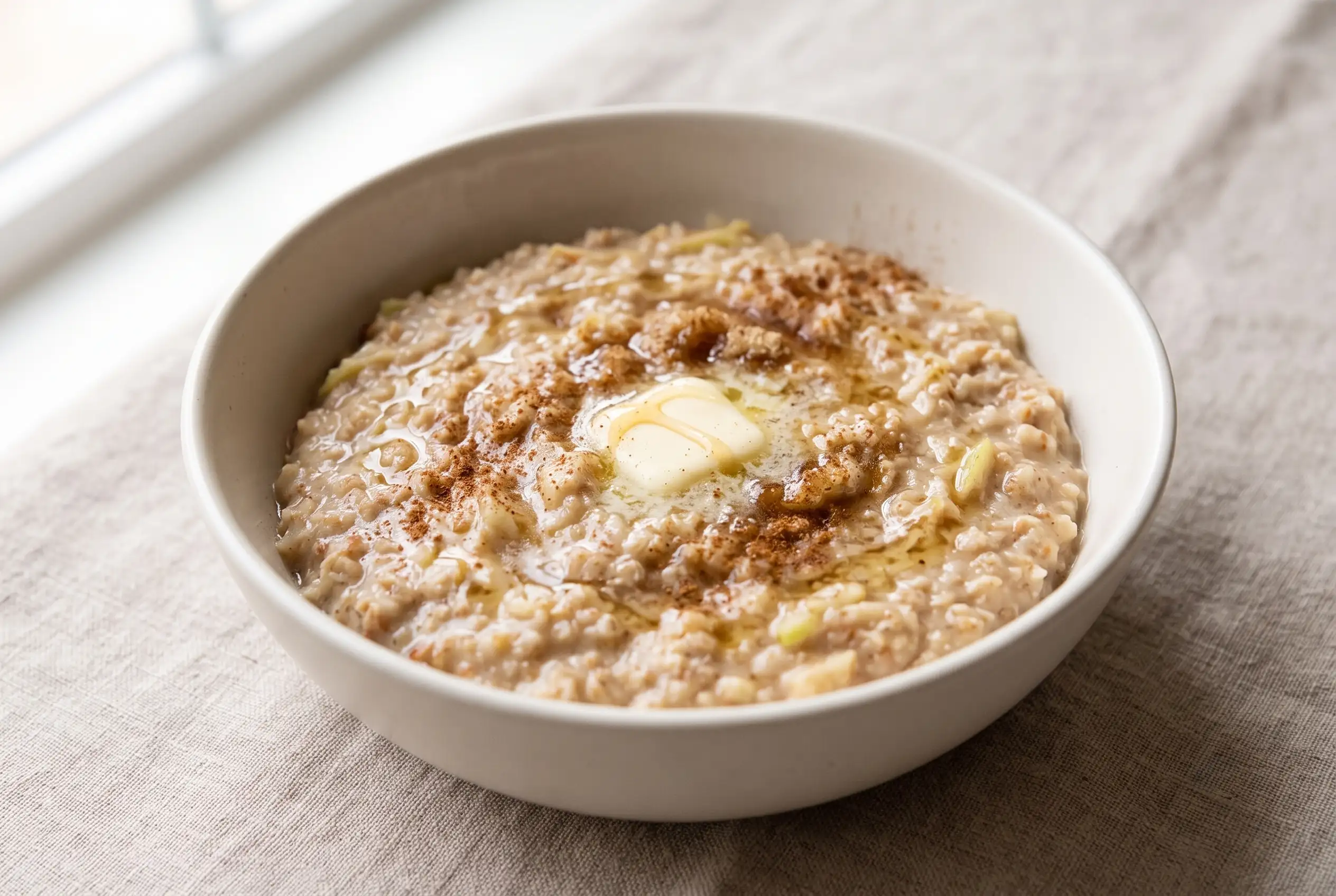 Apple bran oatmeal with grated apple, cinnamon, and brown sugar in a ceramic breakfast bowl