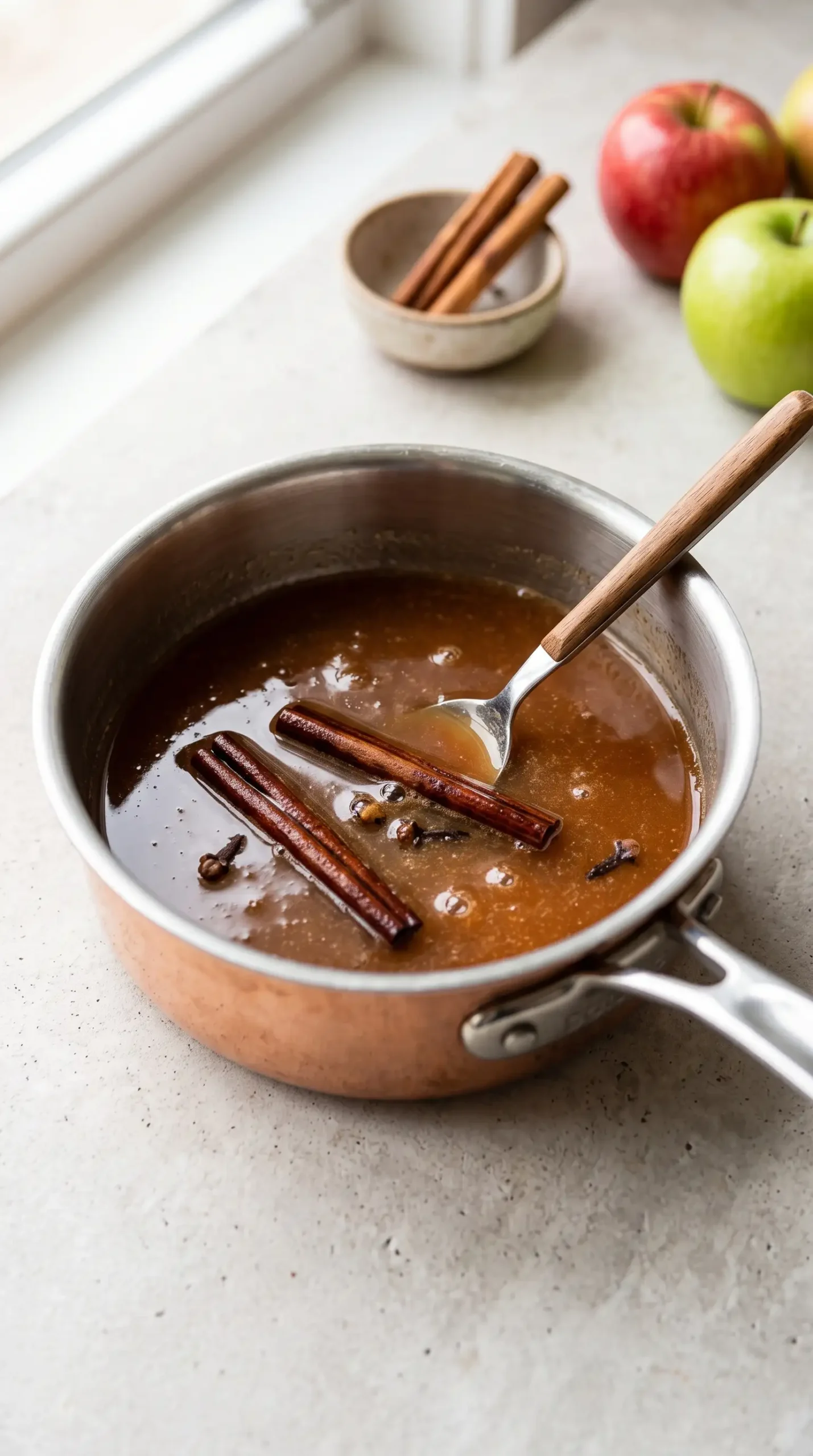 Apple cider syrup simmering with cinnamon sticks in a small saucepan