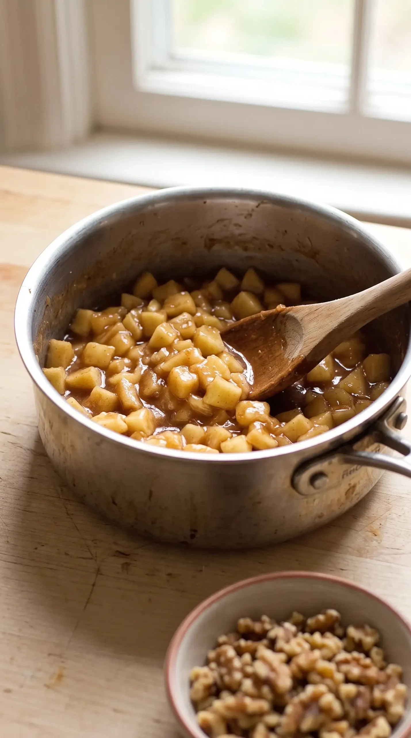 Cooked apple filling with cinnamon, caramel sauce, and walnuts for caramel rolls