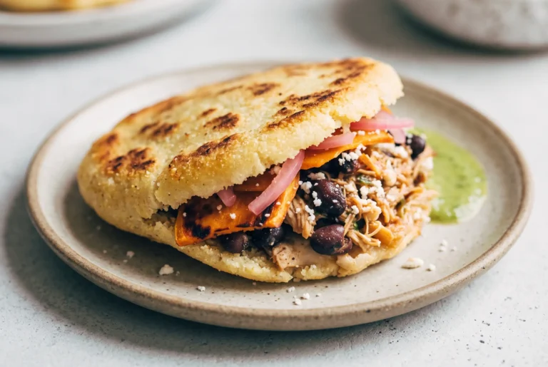 Arepas recipe with a golden cornmeal arepa filled with chipotle chicken, beans, sweet potato, onions, and cheese