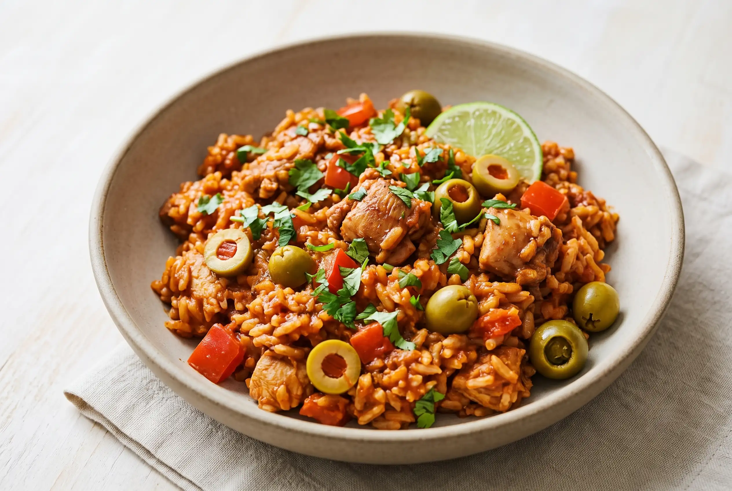 Arroz con pollo with seasoned rice, chicken thighs, olives, cilantro, and lime in a ceramic bowl