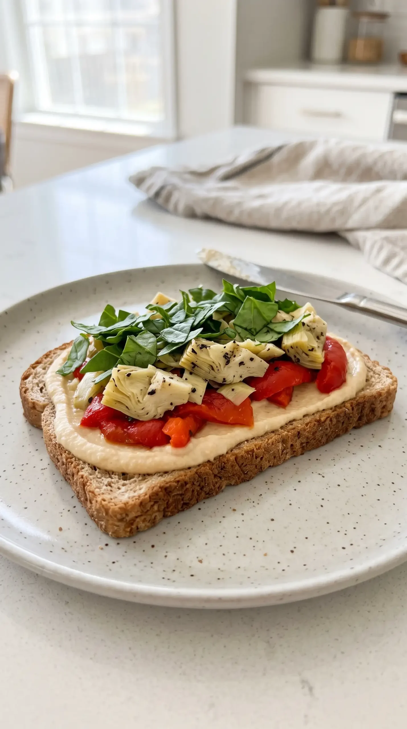 Hummus spread on bread layered with roasted red peppers, artichokes, and spinach for a melt