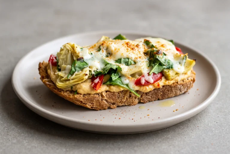 Artichoke red pepper melt with hummus, spinach, roasted peppers, artichokes, and melted mozzarella on toast