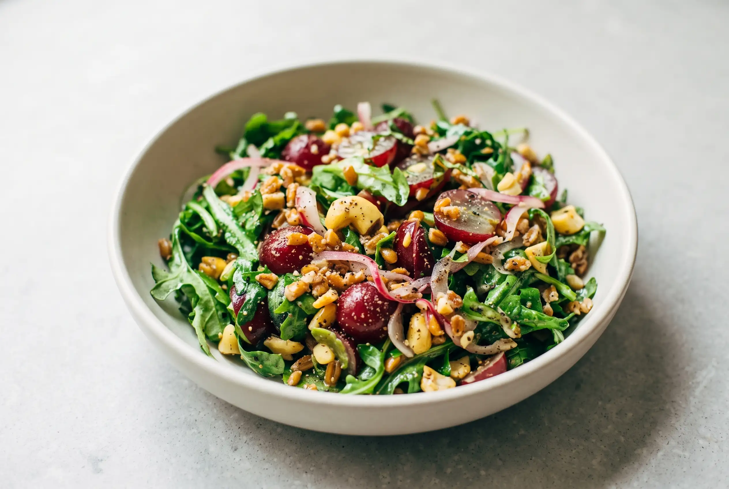 Arugula salad with grapes, farro, basil, cashews, and pickled onions in a ceramic bowl