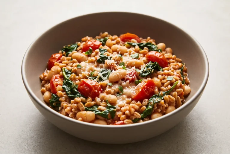 Asiago white beans with farro, kale, tomatoes, and melted cheese in a ceramic bowl