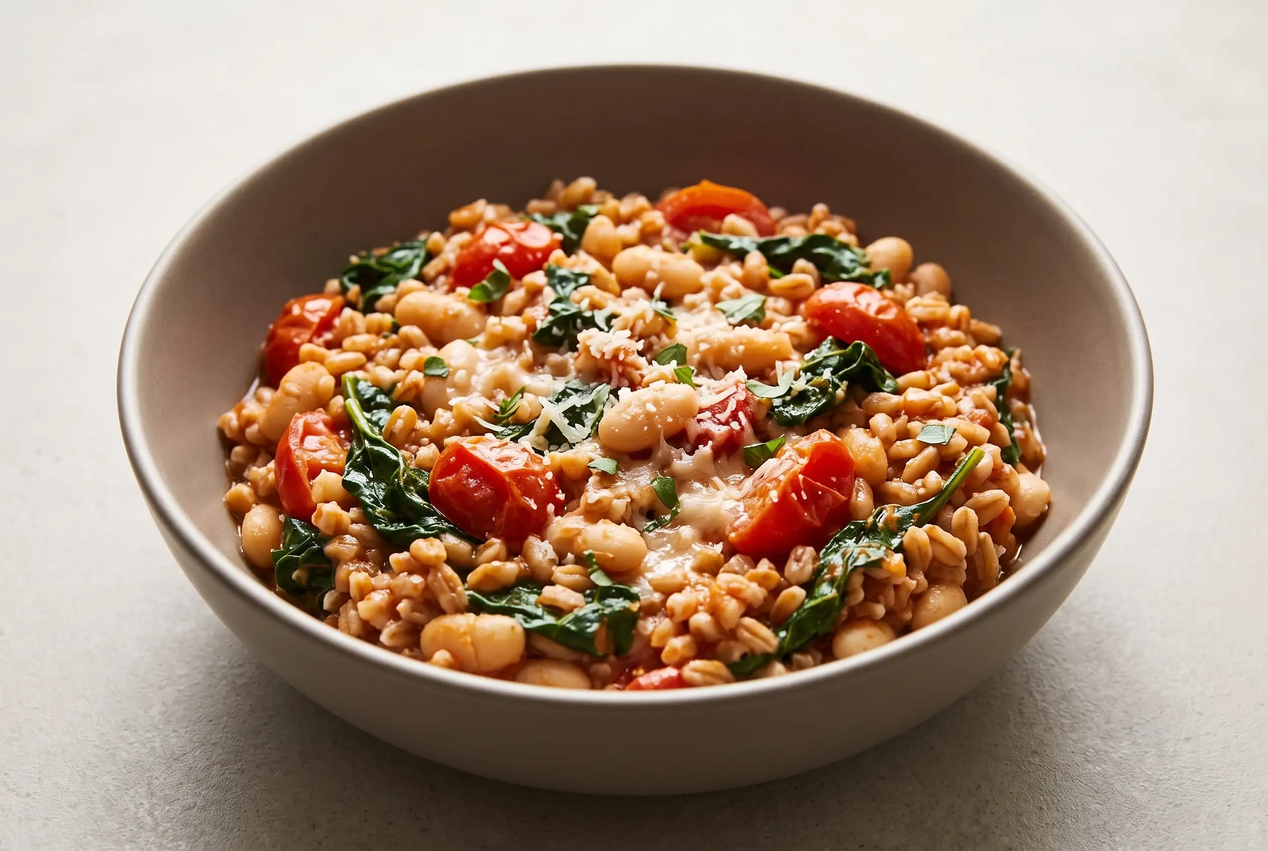 Asiago white beans with farro, kale, tomatoes, and melted cheese in a ceramic bowl