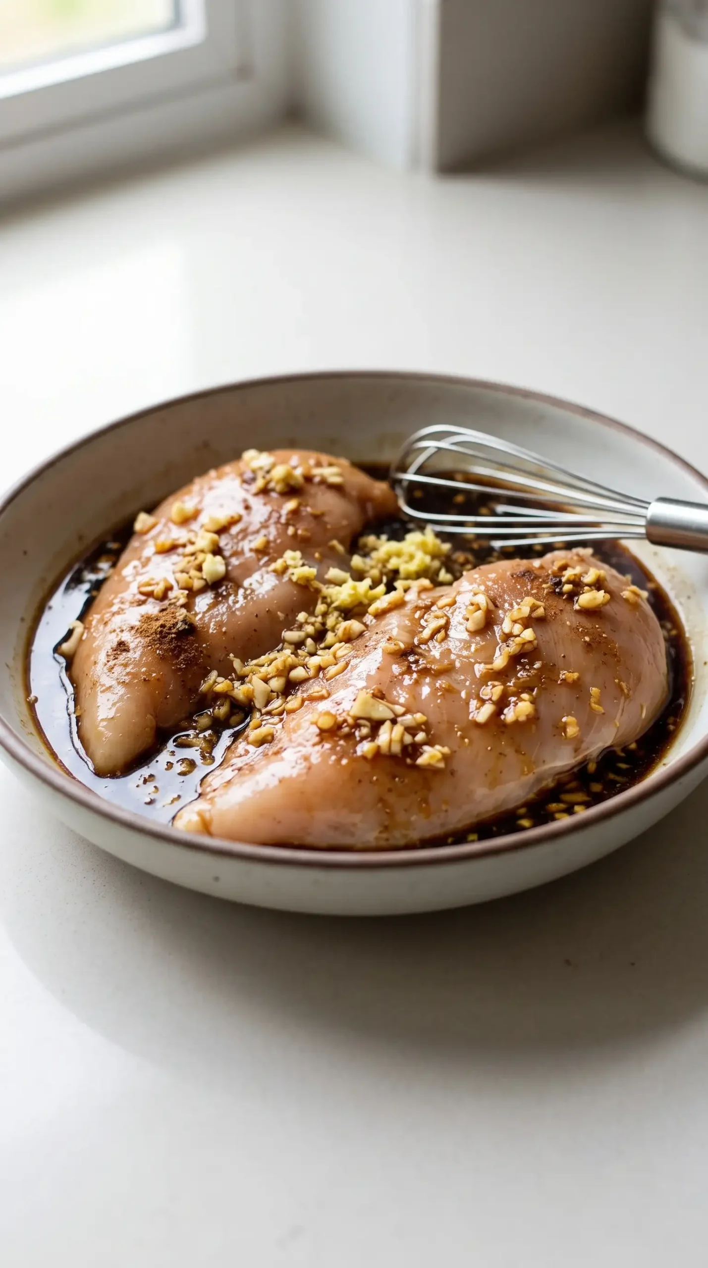 Chicken breasts coated in soy, garlic, ginger, and spice marinade for salad preparation