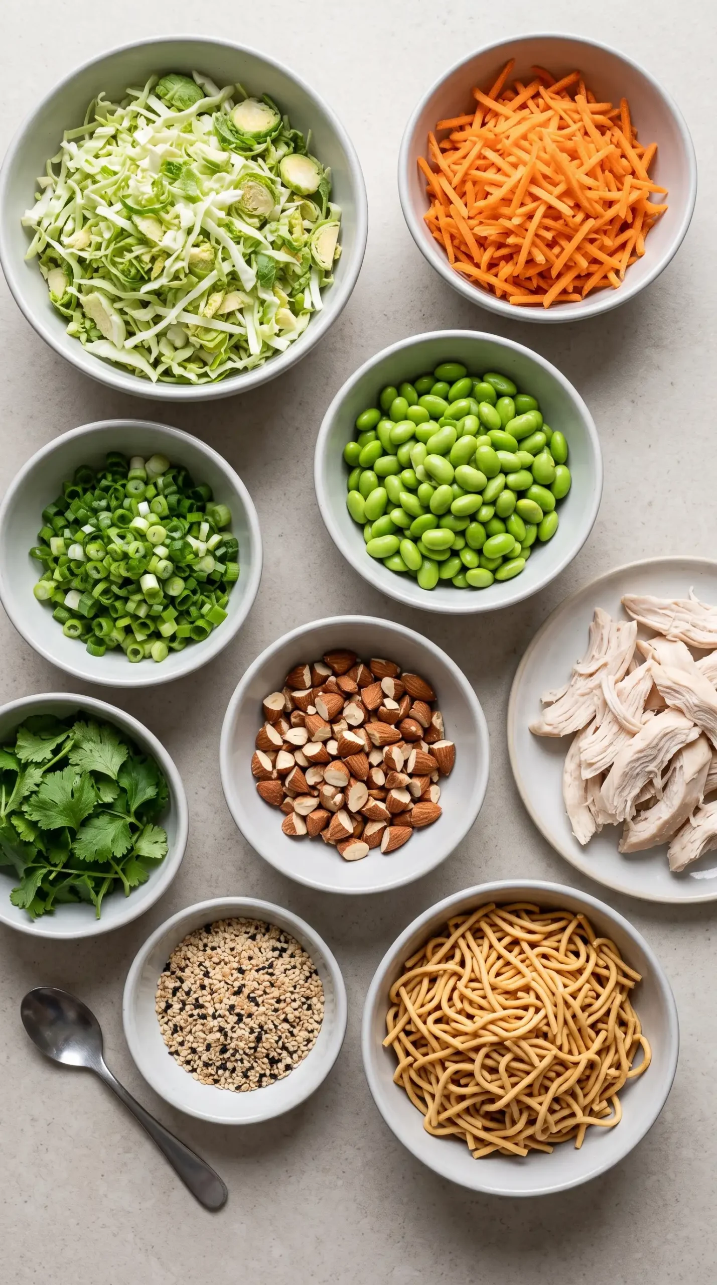 Ingredients for Asian chicken salad including vegetables, edamame, almonds, sesame seeds, and chicken