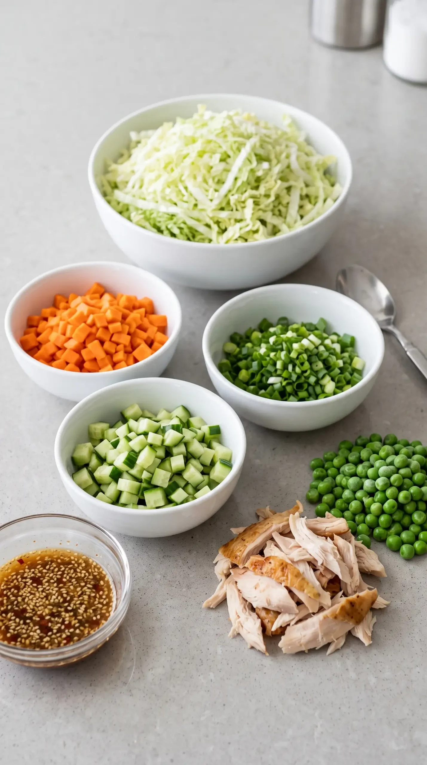 Shredded cabbage, carrots, cucumber, peas, green onions, and chicken for salad preparation
