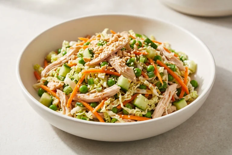 Asian chicken salad with shredded chicken, crisp vegetables, peanuts, and sesame chili vinaigrette in a bowl