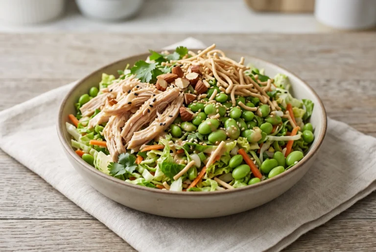 Asian chicken salad with shredded chicken, edamame, almonds, vegetables, and sesame toppings in a bowl
