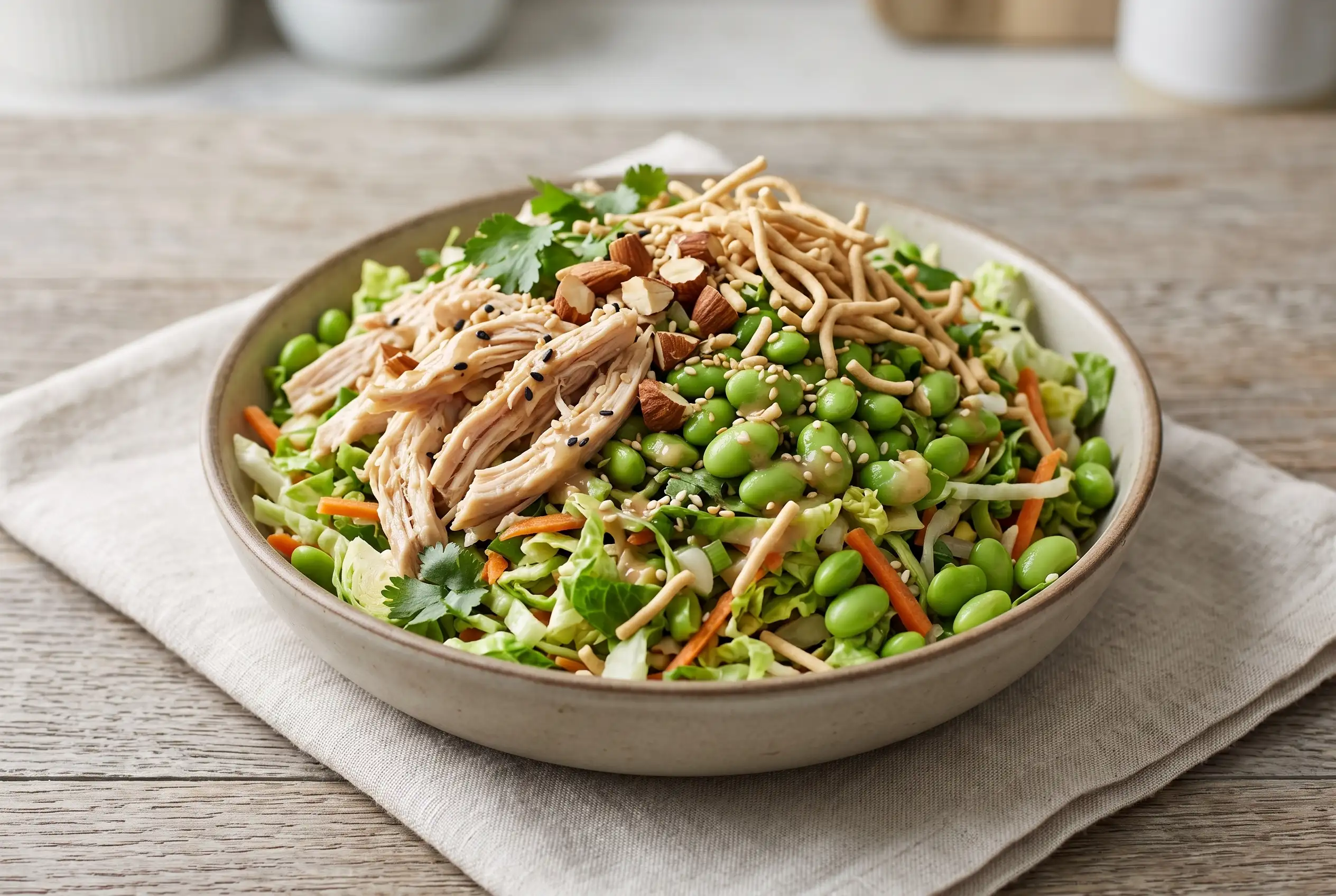 Asian chicken salad with shredded chicken, edamame, almonds, vegetables, and sesame toppings in a bowl