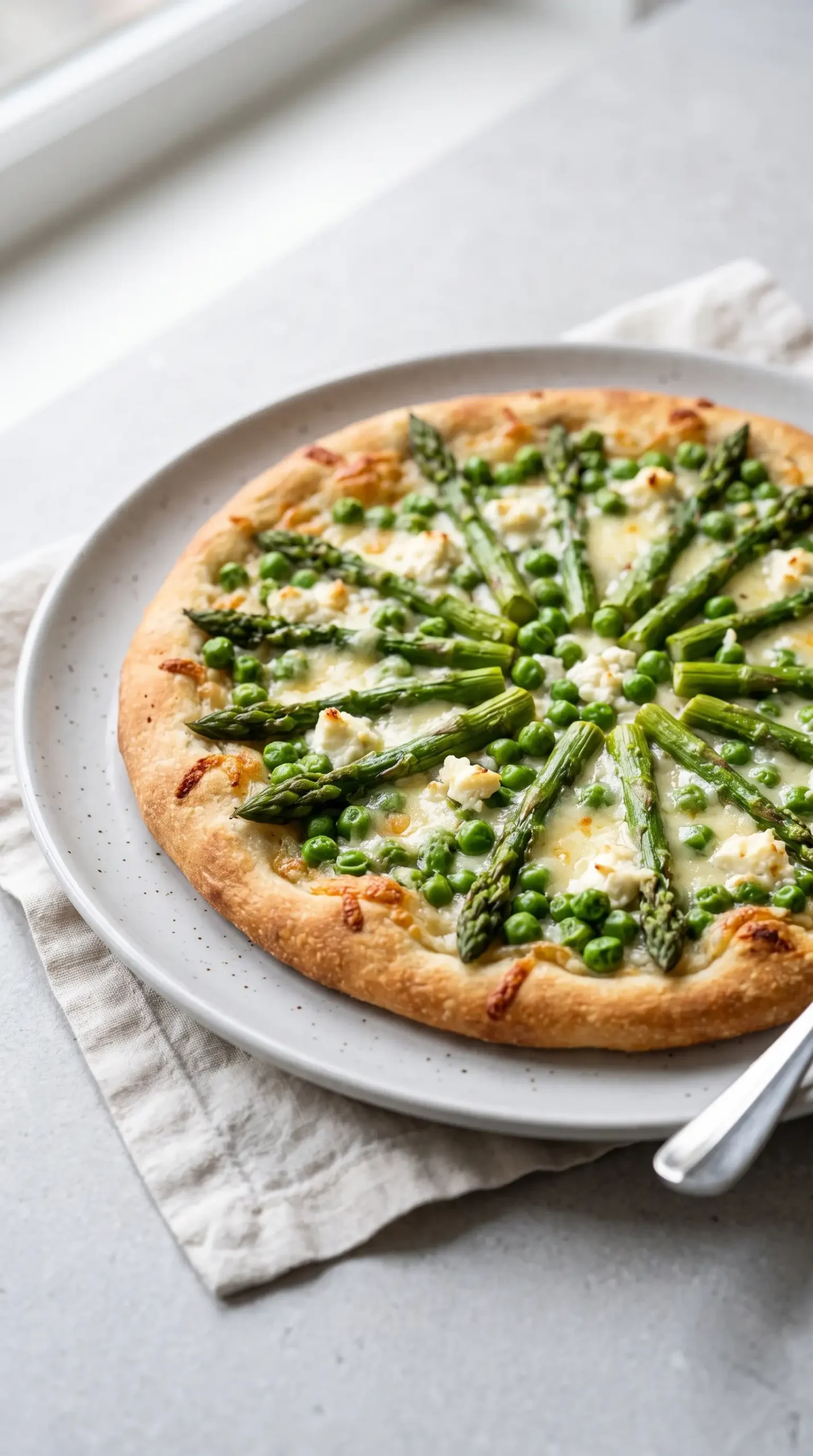 Asparagus pea pizza topped with peas, vegetables, provolone, and goat cheese