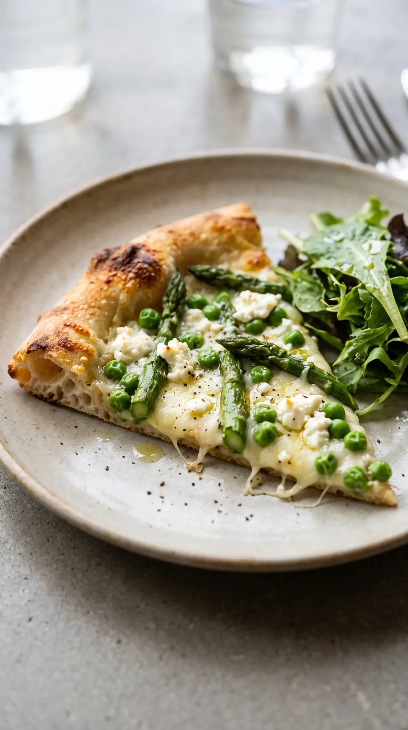 Slice of asparagus pea pizza with goat cheese and fresh greens