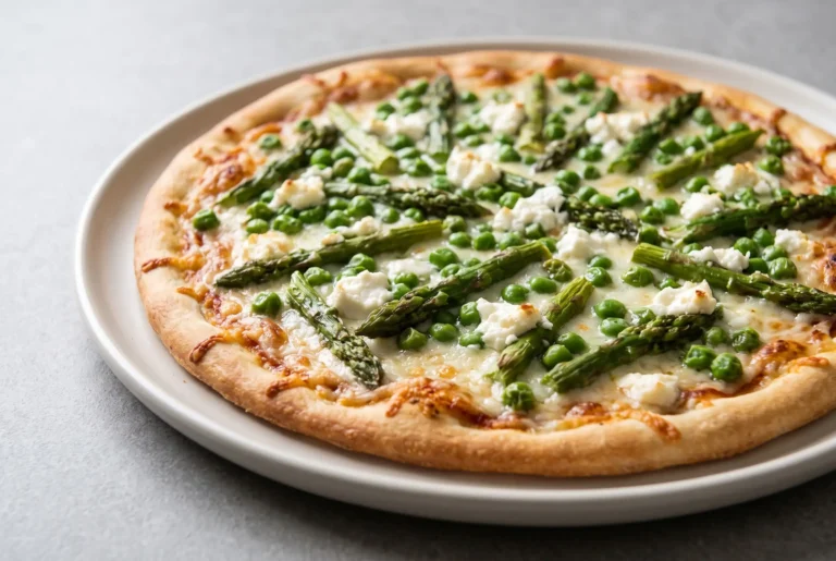 Asparagus pea pizza with goat cheese and vegetables on a plate